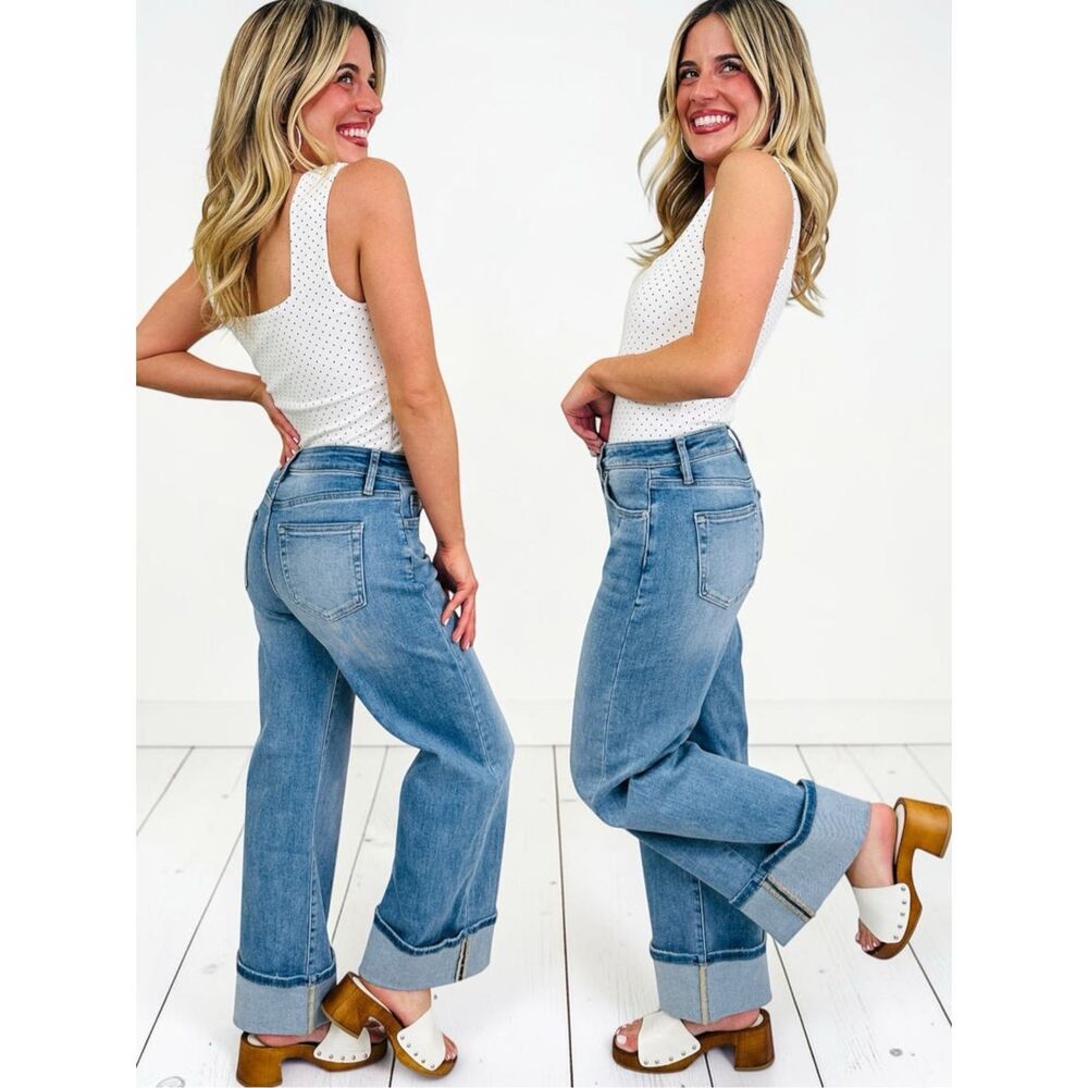 Risen High Rise Tummy Control Ankle Wide Leg Cuffed Jeans Light Medium Wash NWT - Picture 7 of 12